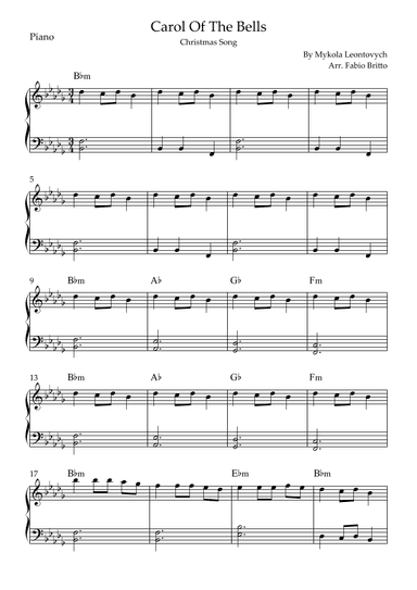 Carol Of The Bells (Christmas Song) for Easy Piano Solo with Chords (Db/Bbm) (arr. Fabio Britto)