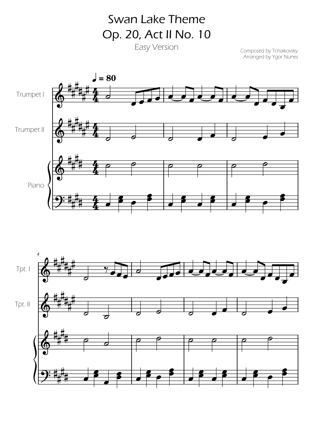 Swan Lake (theme) - Tchaikovsky - Trumpet Duet w/ Piano Accompaniment (arr. Ygor Nunes)