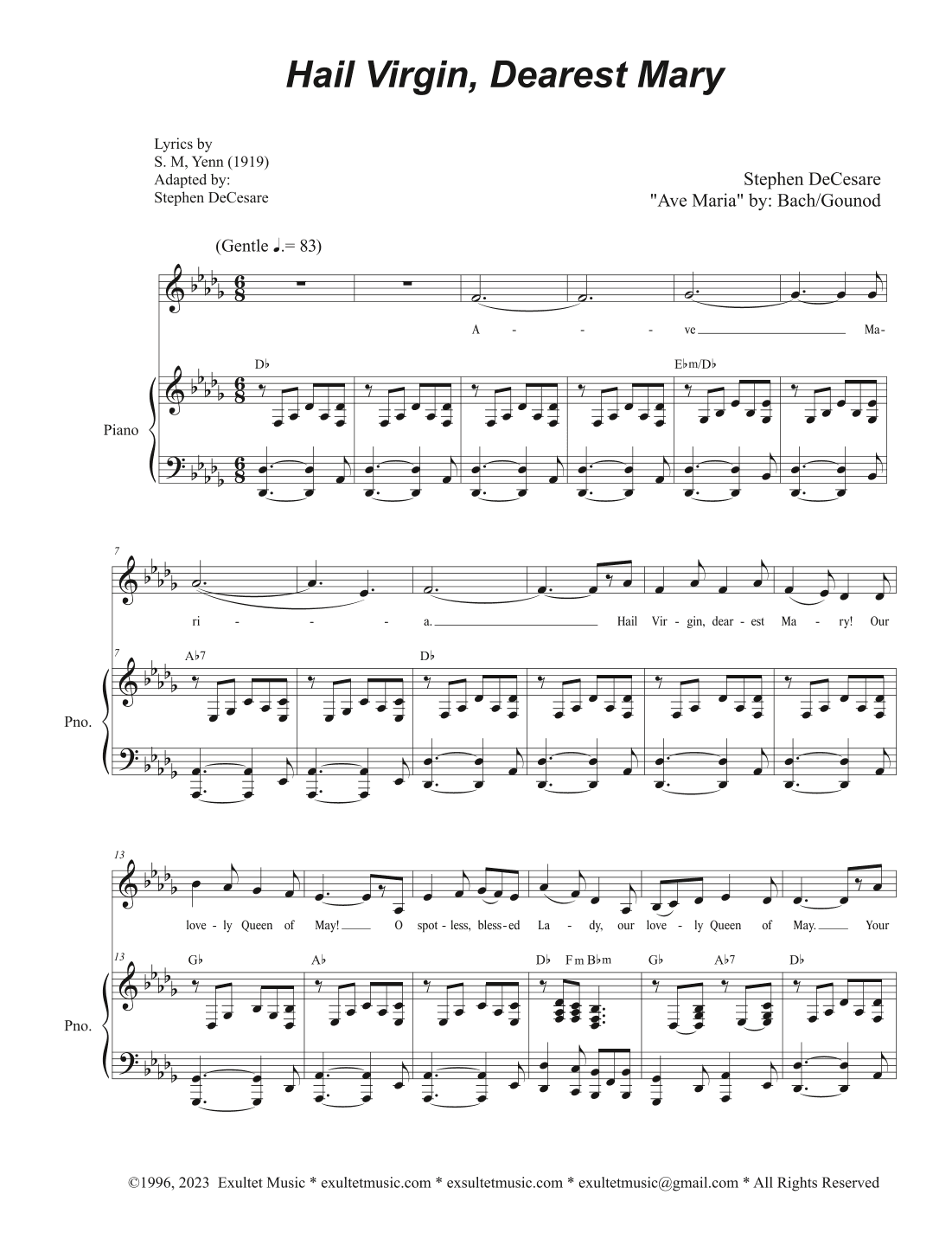 Hail Virgin, Dearest Mary (Unison choir - Medium Key)
