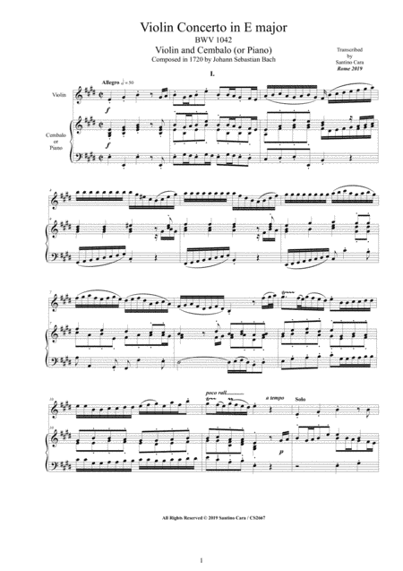 Bach - Violin Concerto in E major BWV 1042  for Violin and Cembalo (or Piano) (arr. Santino Cara)