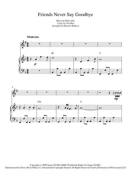 Friends Never Say Goodbye  from THE ROAD TO EL DORADO (arr. Kaiserin Rebecca)