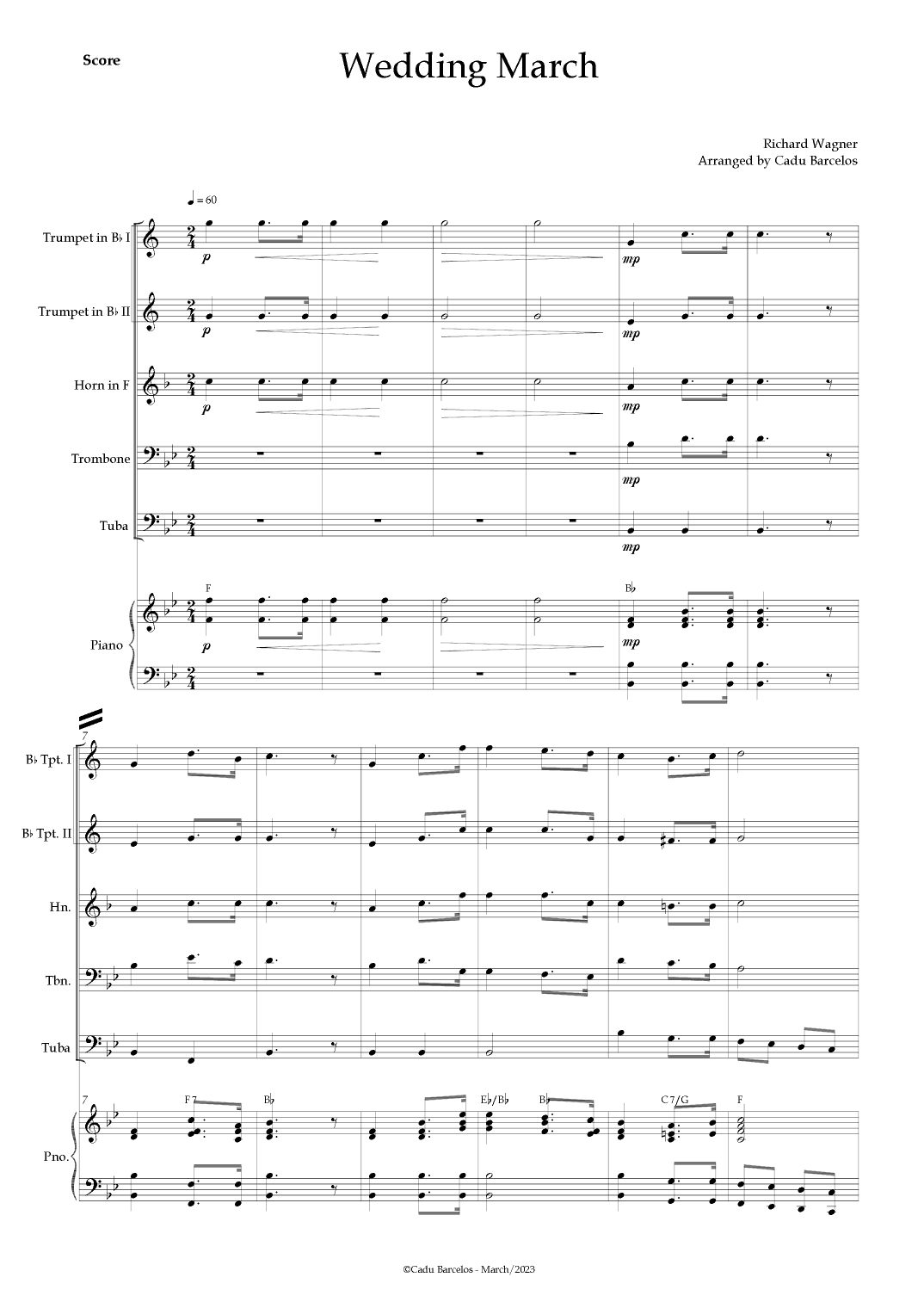 Wedding March (Wagner) Brass Quintet Piano and chords (arr. Cadu Barcelos)