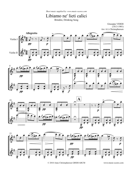 Verdi: Libiamo ne lieti calici - Brindisi from La Traviata - 2 Violins (arr. Anne L Christopherson GRSM ARCM)