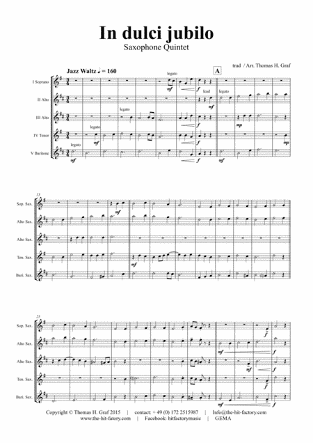 In dulci jubilo - Christmas Song - Jazz Waltz - Saxophone Quintet (arr. Thomas H. Graf)