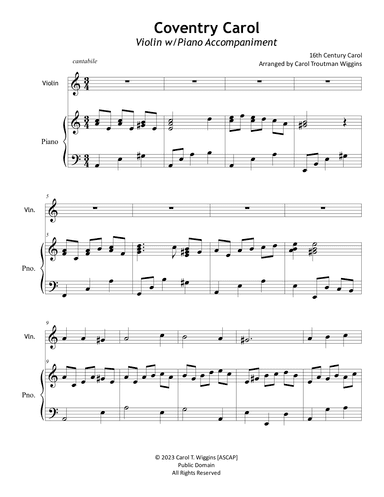 Coventry Carol (Violin w/Piano Accompaniment) (arr. Carol Troutman Wiggins)