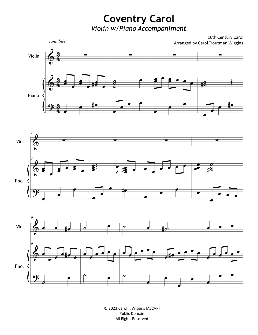 Coventry Carol (Violin w/Piano Accompaniment) (arr. Carol Troutman Wiggins)