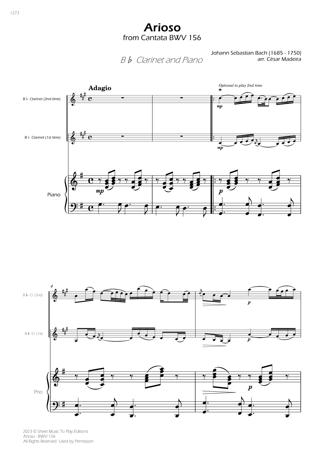Arioso (BWV 156) - Bb Clarinet and Piano (Full Score) (arr. César Madeira)