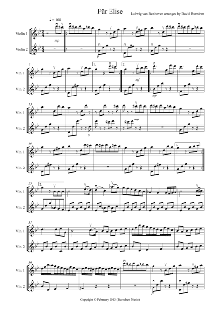 Für Elise for Violin Duet (arr. David Burndrett)