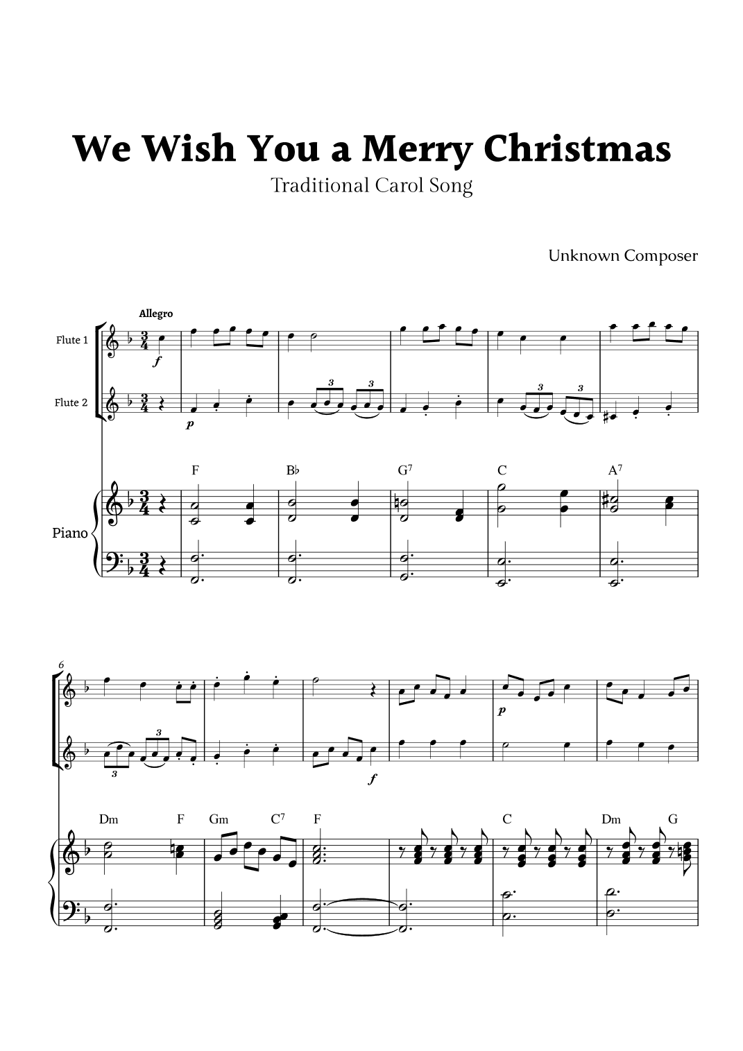 We Wish you a Merry Christmas for Flute Duet and Piano (arr. Rika K.)
