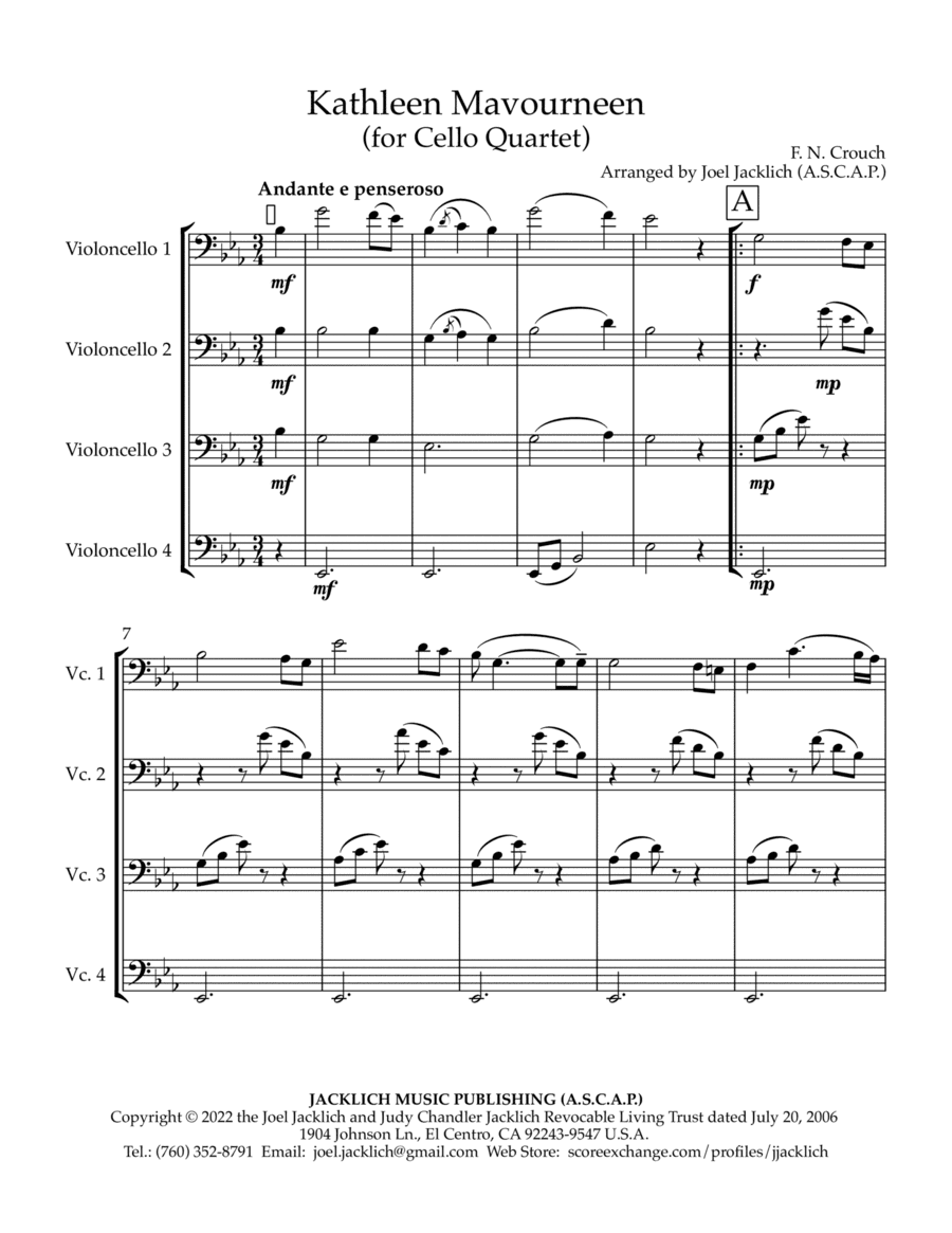 Kathleen Malvourneen (for cello quartet) (arr. Joel Jacklich (ASCAP))