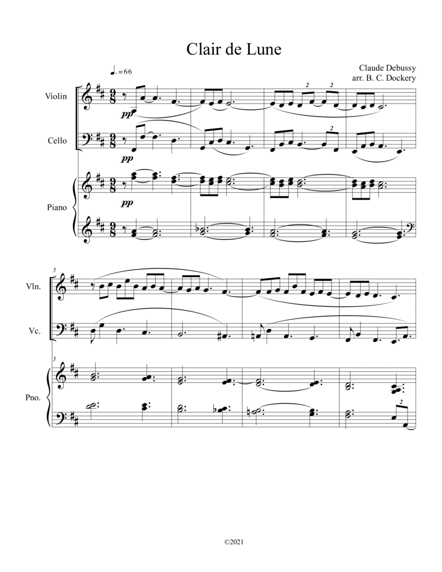 Clair de Lune (Violin and Cello Duet) with piano accompaniment (arr. B. C. Dockery)