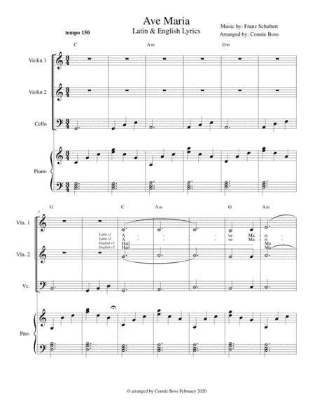 Ave Maria - Latin and English lyrics included for strings and piano (arr. Connie Boss)