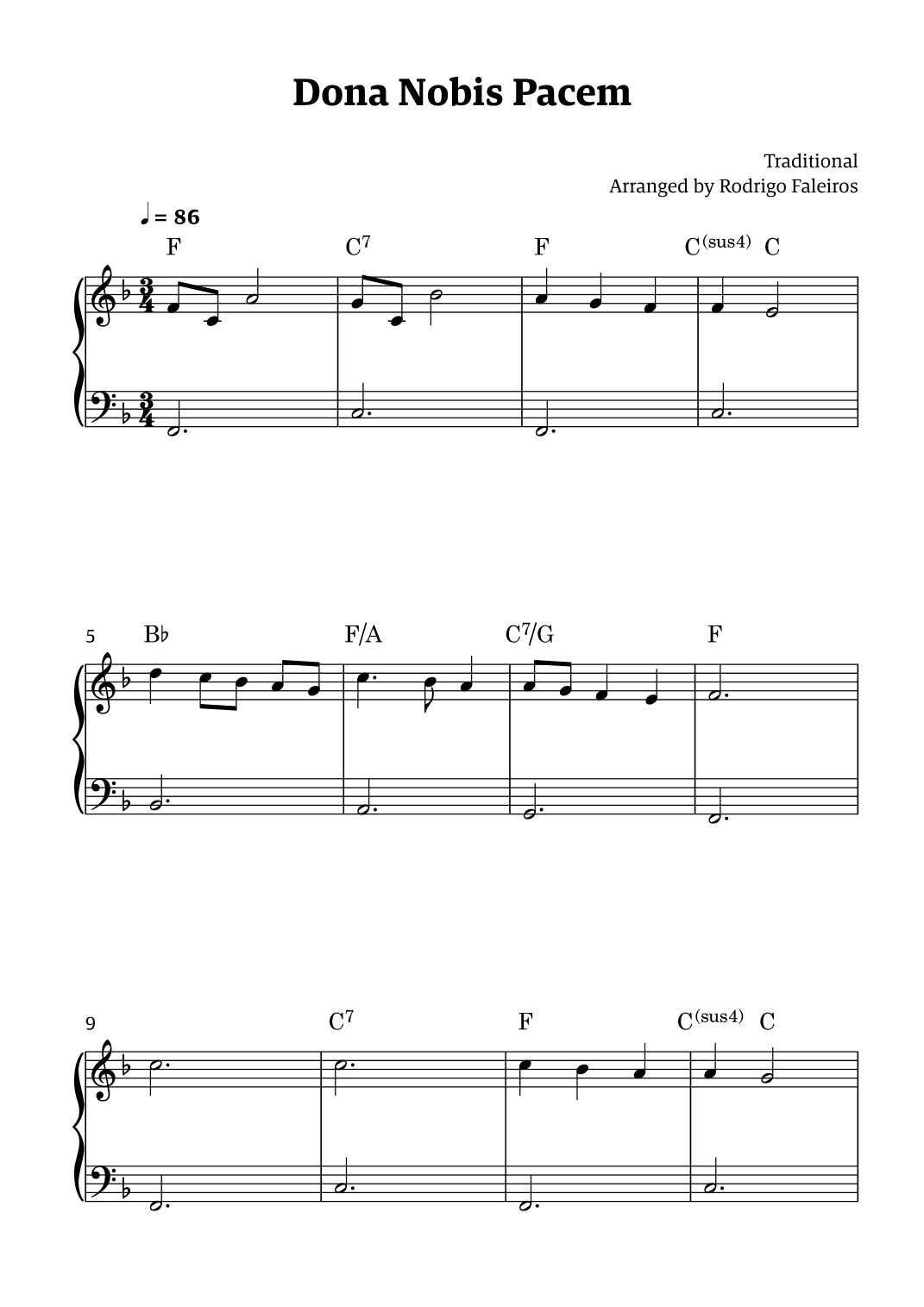 Dona Nobis Pacem - for piano - beginner level 1 (featuring chords) (arr. Rodrigo Faleiros)