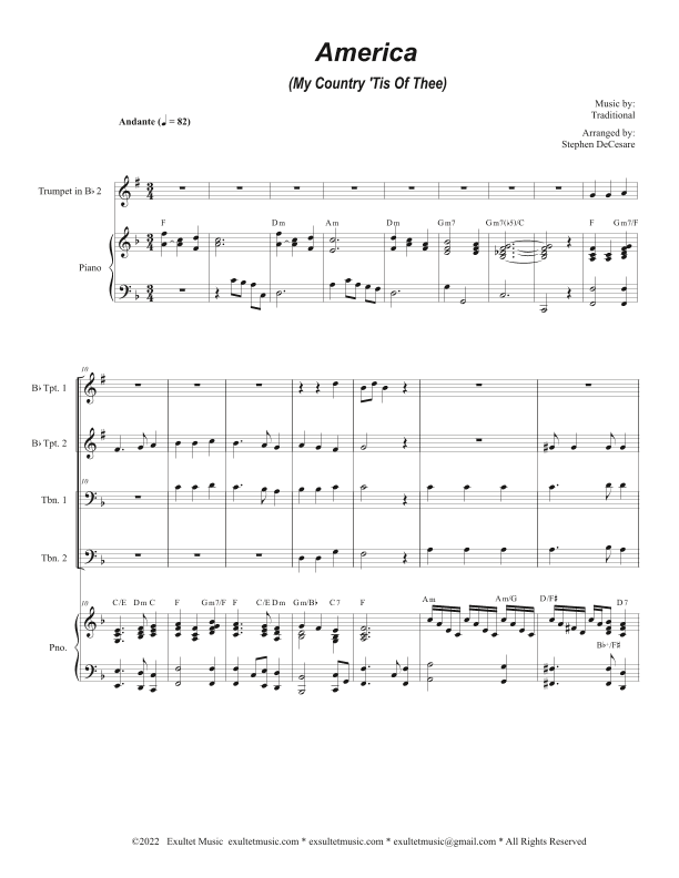 America (My Country, 'Tis of Thee) (Brass Quartet and Piano - Alternate Version) (arr. Stephen DeCesare)