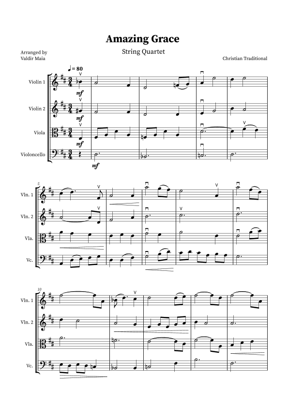 Amazing Grace - String Quartet Sheet Music (arr. Valdir Maia)