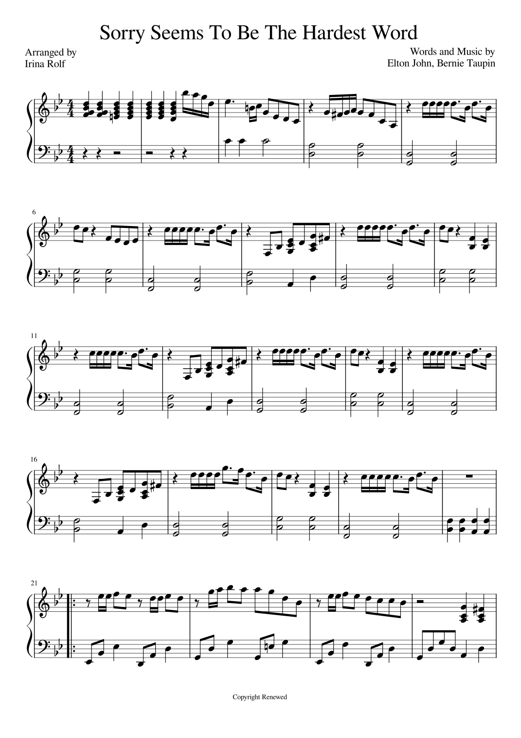 Sorry Seems To Be The Hardest Word (arr. Irina Rolf)