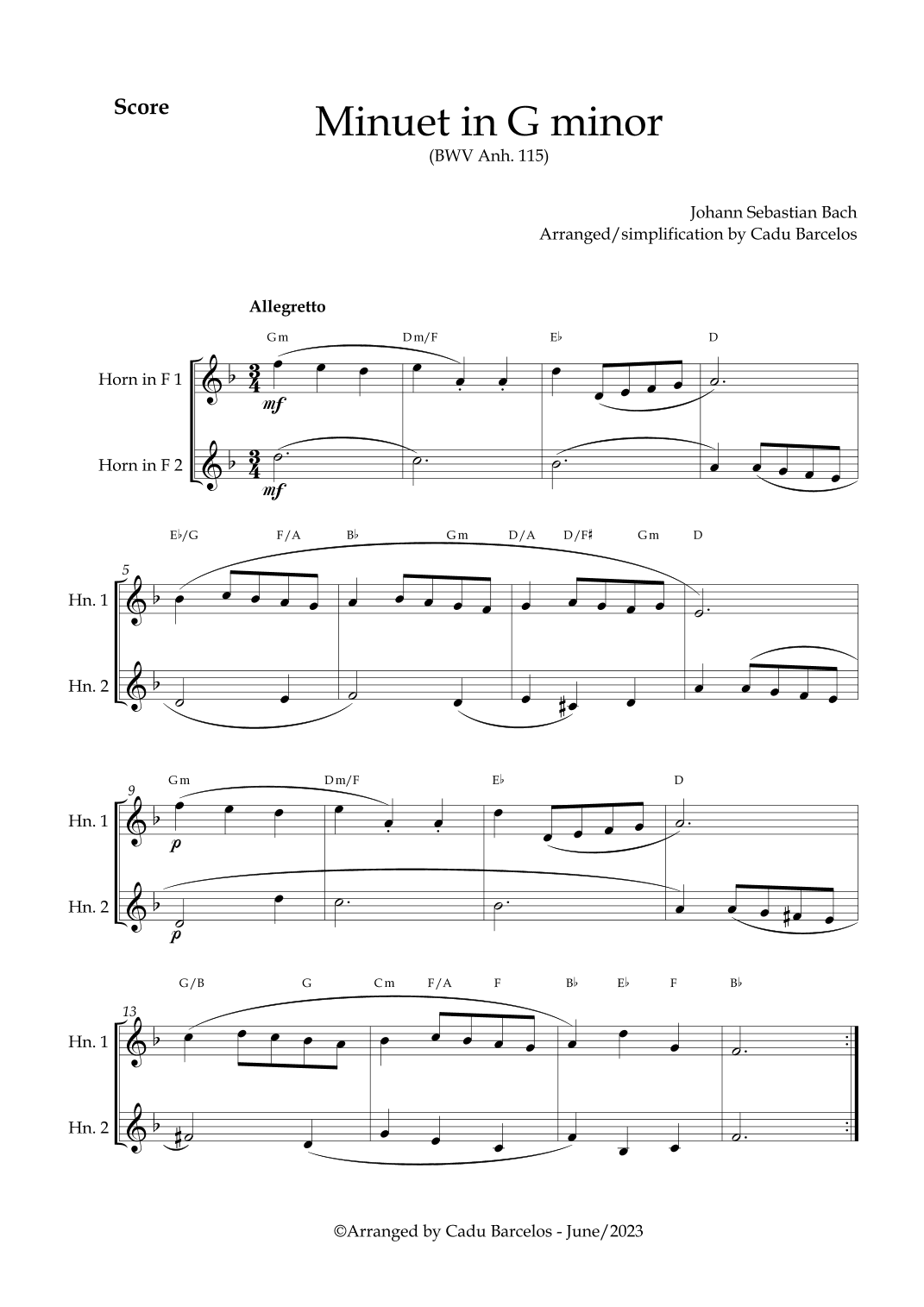 Minuet in G minor BWV anh 115 (Bach) 2 Horns chords (arr. Cadu Barcelos)