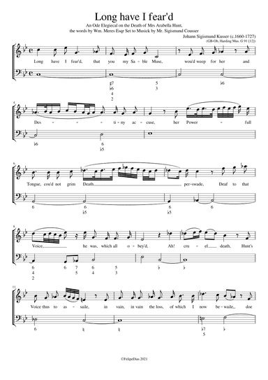 Long have I fear'd: An Ode Elegiecal on the death of Mrs Arabella Hunt (arr. Early Music Scores)