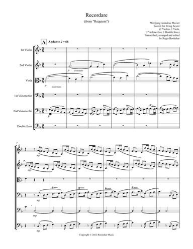 Recordare (from "Requiem") (F) (String Sextet - 2 Violins, 1 Viola, 2 Cellos, 1 Bass) (arr. Regis Bookshar)