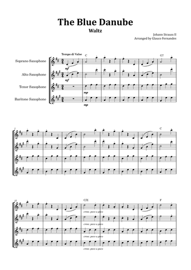 The Blue Danube - Saxophone Quartet with Chord Notations (arr. Glauco Fernandes)
