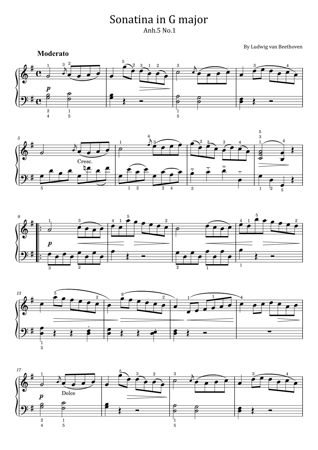 Sonatina in G major - Anh.5 No.1 - Beethoven - Original With Fingered (arr. poon)