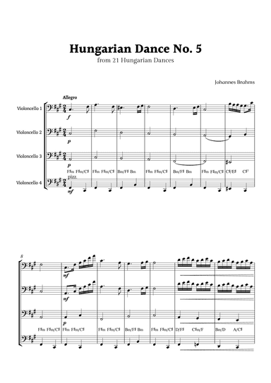 Hungarian Dance No. 5 by Brahms for Cello Quartet (arr. Rika K.)
