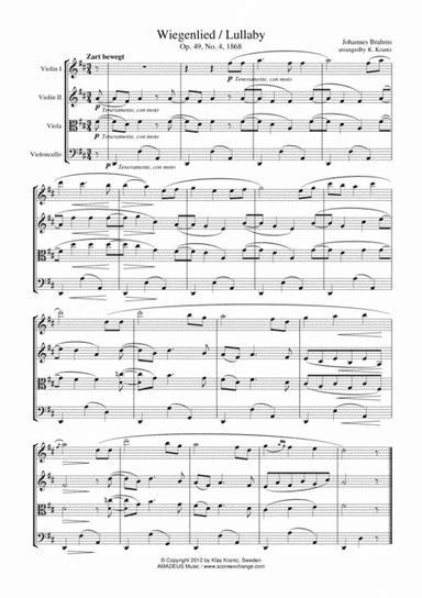 Wiegenlied / Lullaby Op. 49 No. 2 for string quartet (D Major) (arr. K. Krantz)
