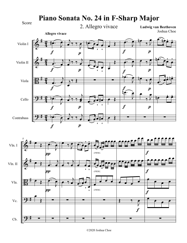 Piano Sonata No. 24, Movement 2 (in G Major) (arr. Joshua Choe)