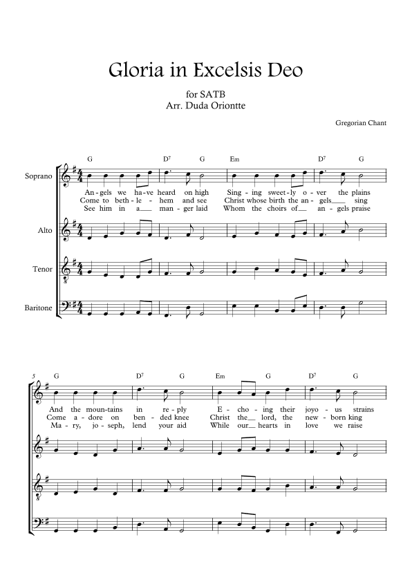 Gloria in excelsis Deo (G major - with chords - no piano - 4 staff) (arr. Duda Oriontte)