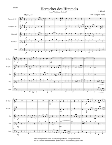 "Herrscher des Himmels" (from 'Christmas Oratorio') for brass quintet (arr. Douglas Kuite)