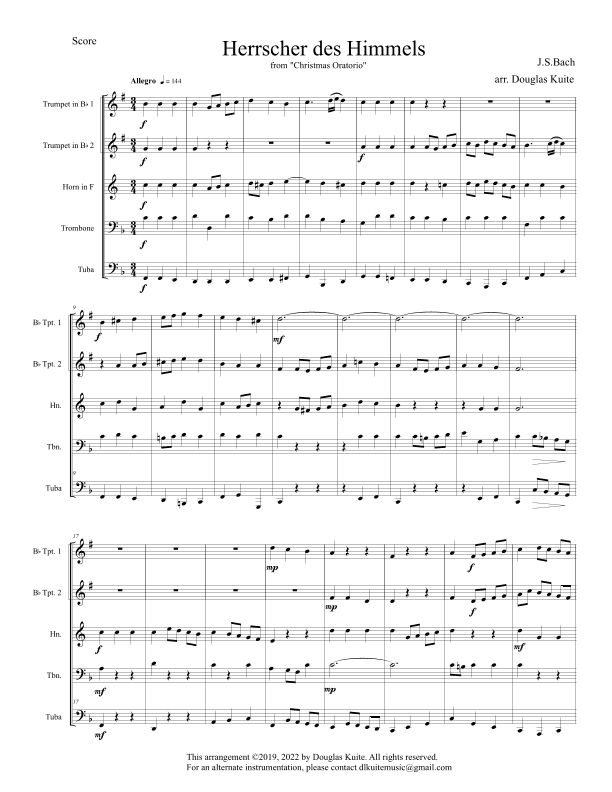 "Herrscher des Himmels" (from 'Christmas Oratorio') for brass quintet (arr. Douglas Kuite)