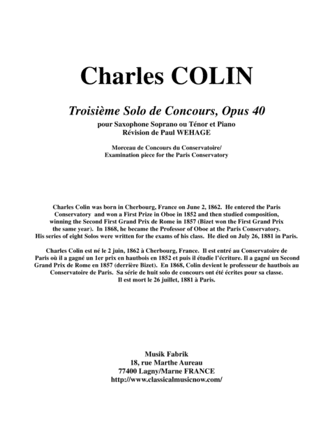 Charles Colin: Solo de Concours no 3, Opus 40 arranged  for Bb soprano or tenor saxophone and piano (arr. Paul Wehage)