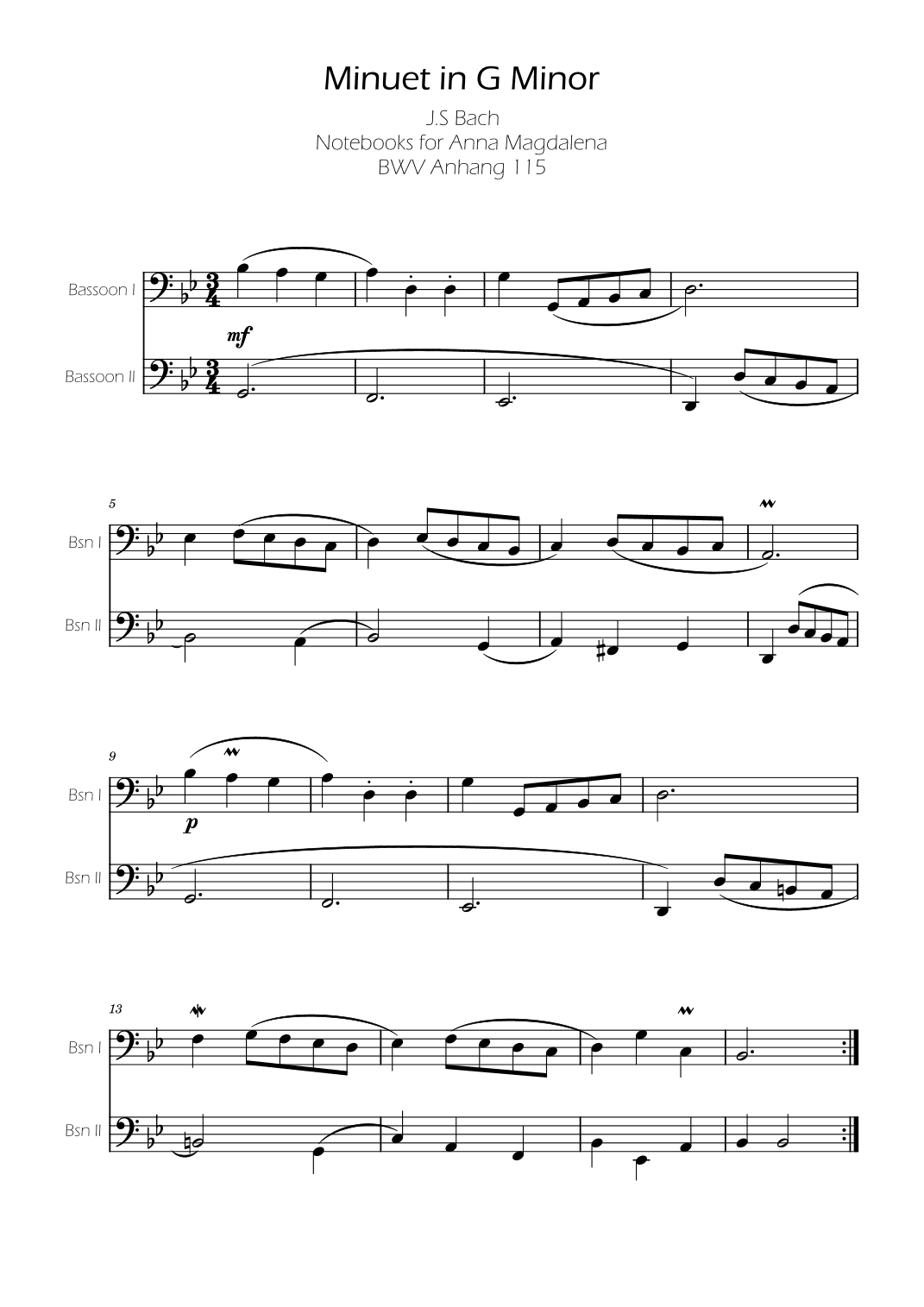 Minuet in G minor BWV Anh. 115 - Bach - Bassoon Duet (arr. Ygor Nunes)