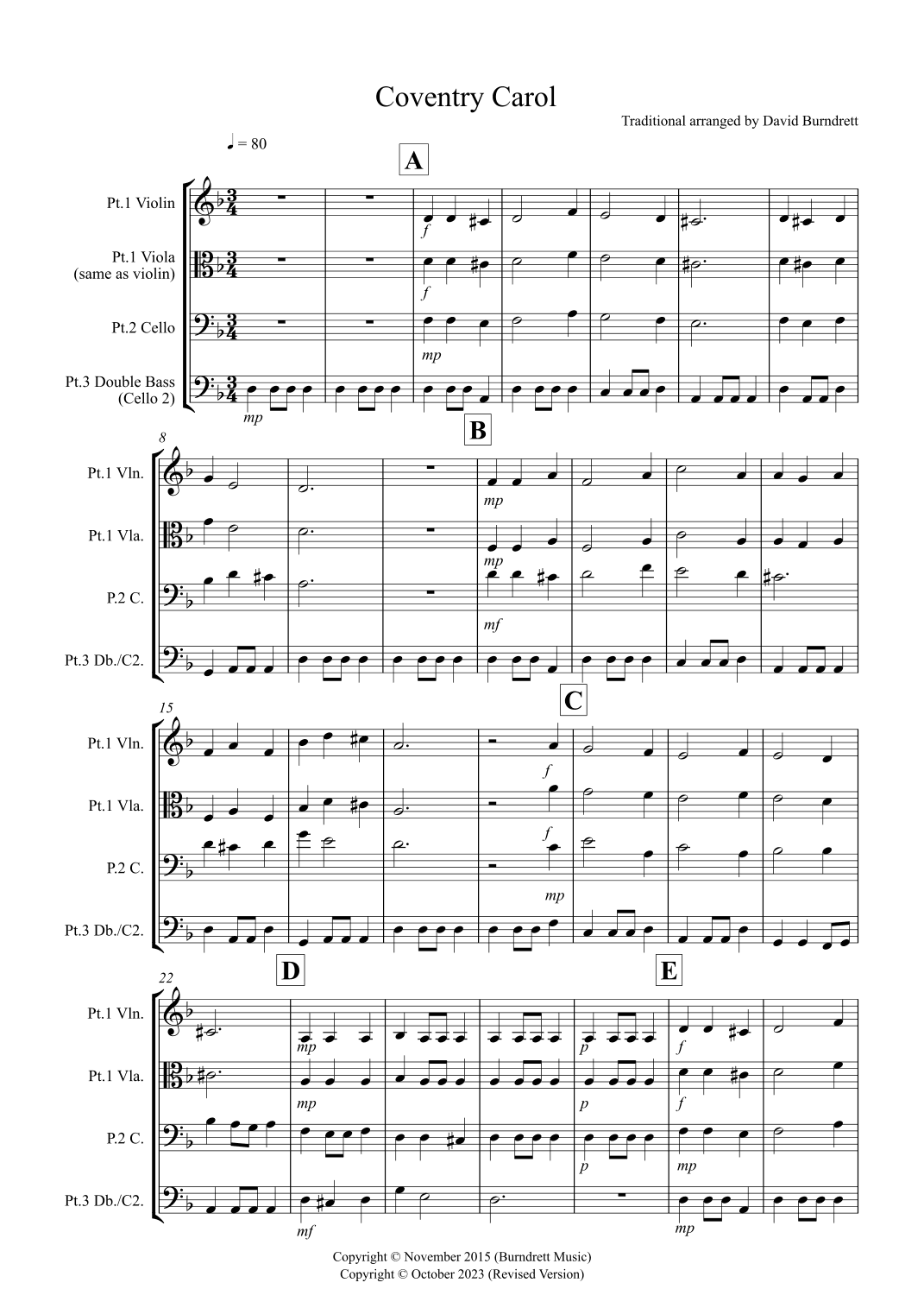 Coventry Carol for Violin or Viola, Cello and Double Bass Trio (arr. David Burndrett)