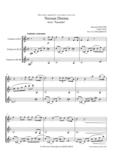 Nessun Dorma - Clarinet Trio (arr. Anne L Christopherson GRSM ARCM)