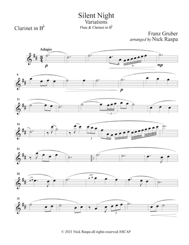 Silent Night - Variations (Flute & Clarinet in B Flat Duet) Clarinet part (arr. Nick Raspa)