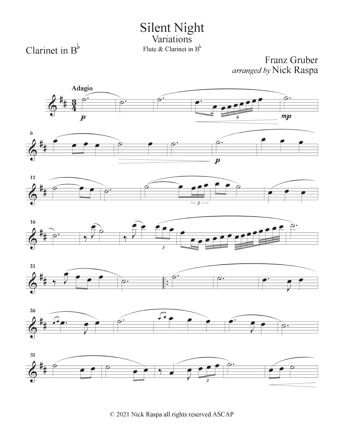 Silent Night - Variations (Flute & Clarinet in B Flat Duet) Clarinet part (arr. Nick Raspa)