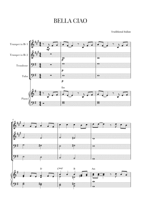 BELLA CIAO for Brass Quartet and Piano (arr. Cadenza Editions)