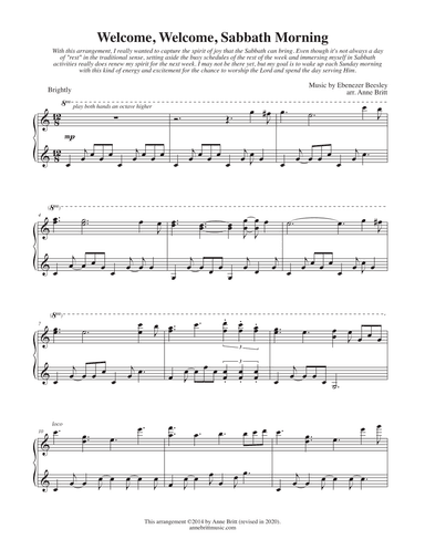 Welcome, Welcome, Sabbath Morning (advanced intermediate piano solo) (arr. Anne Britt)