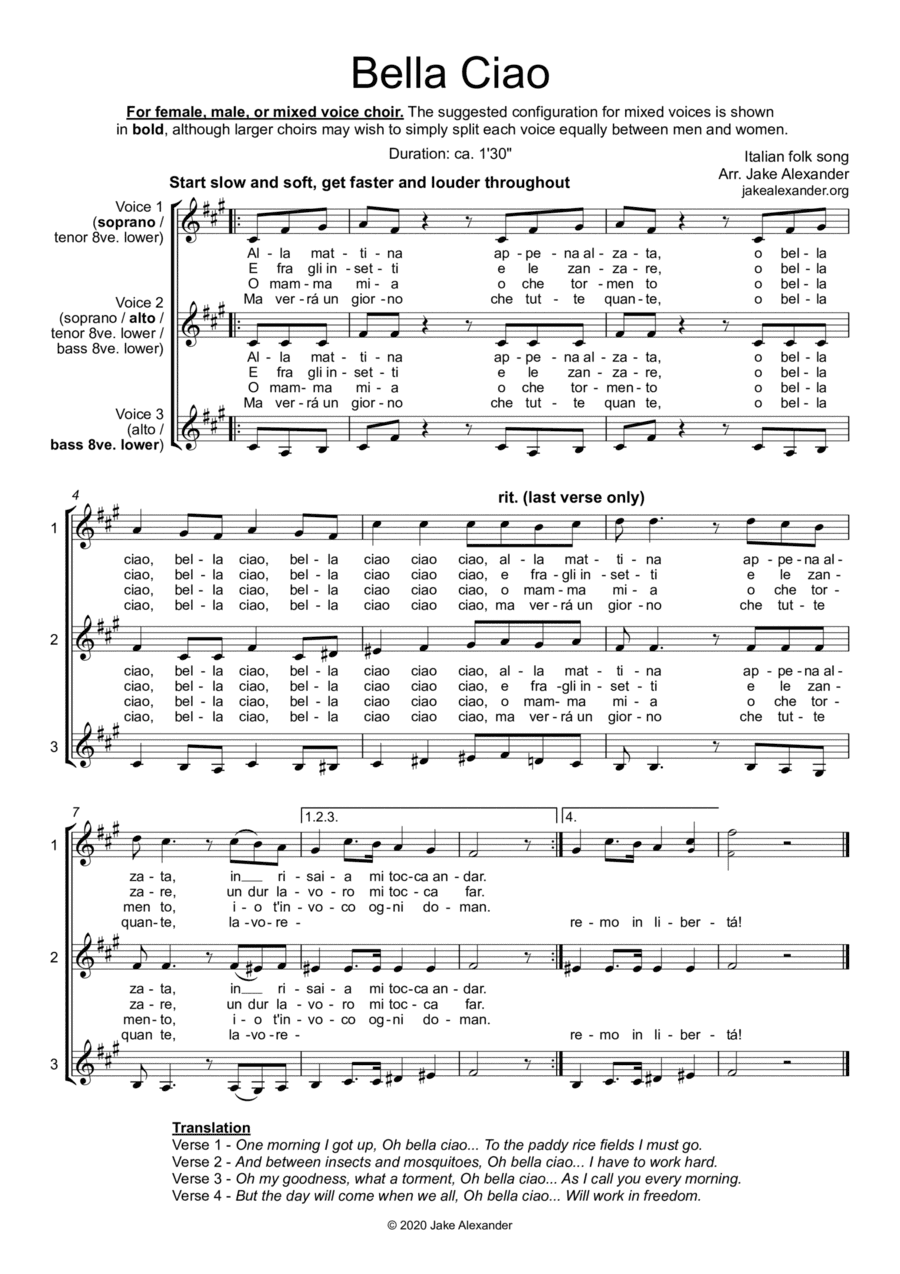 Bella Ciao - SSA/TBB/SAB a cappella (arr. Jake Alexander)