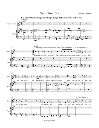 Saved from Sin - for soprano solo and piano - orchestral version sold separately