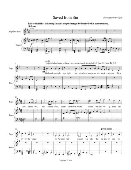 Saved from Sin - for soprano solo and piano - orchestral version sold separately
