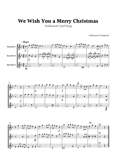 We Wish you a Merry Christmas for Recorder Trio (arr. Rika K.)