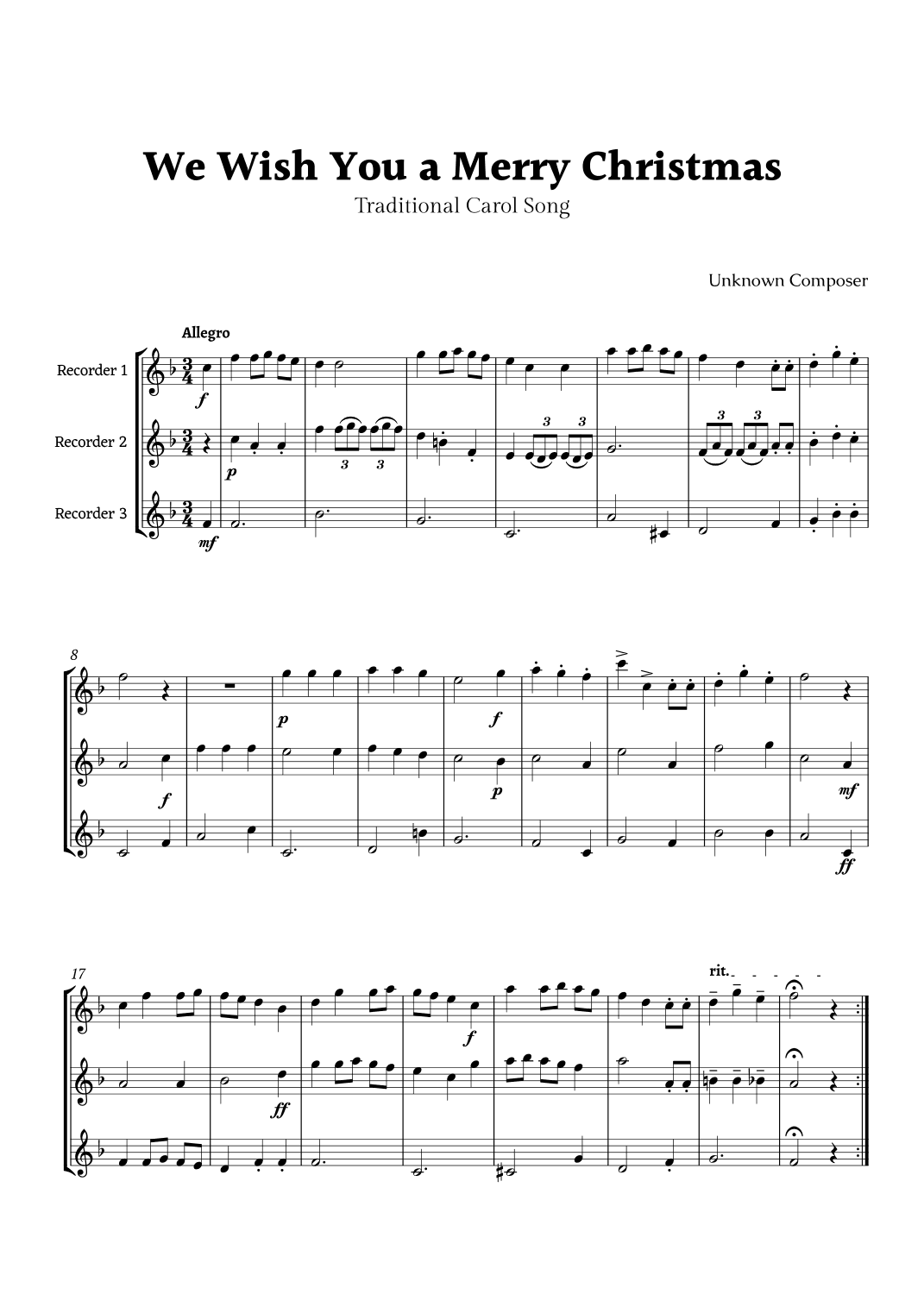 We Wish you a Merry Christmas for Recorder Trio (arr. Rika K.)