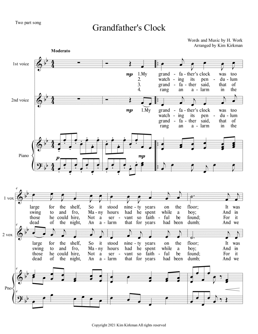 Grandfather's Clock for two part vocal with piano accompaniment (arr. Kim Kirkman)