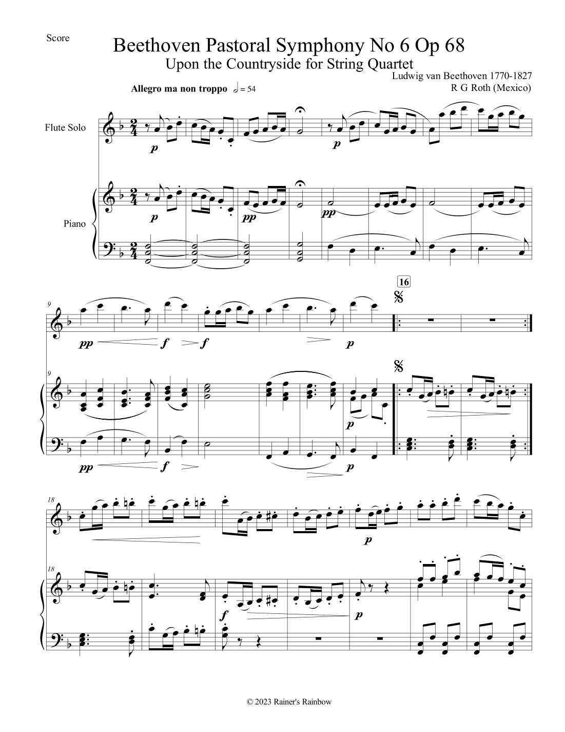 Beethoven Pastoral Symphony No 6 Countryside Flute Solo and Piano (arr. R G Roth)