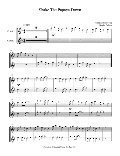 Shake The Papaya Down (treble C instrument duet, parts only) (arr. Sandra Zylstra)