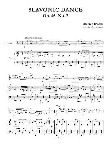 Slavonic Dance Op. 46 No. 2 for Clarinet and Piano (arr. Diego Marani)