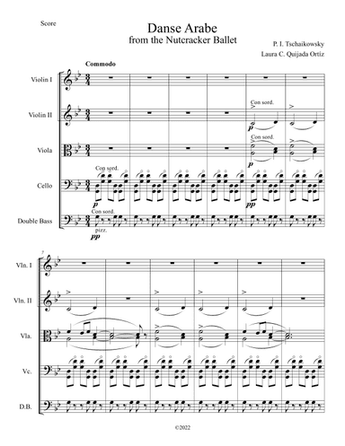 Danse Arabe, from The Nutcracker Ballet, String Orchestra, intermediate, score & parts. (arr. Laura C. Quijada Ortíz)