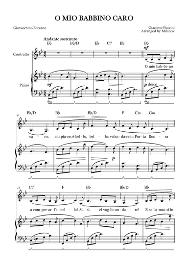 O Mio Babbino Caro | Female Voice Contralto | B-flat Major | Piano accompaniment | Pedal | Chords (arr. Milanov)